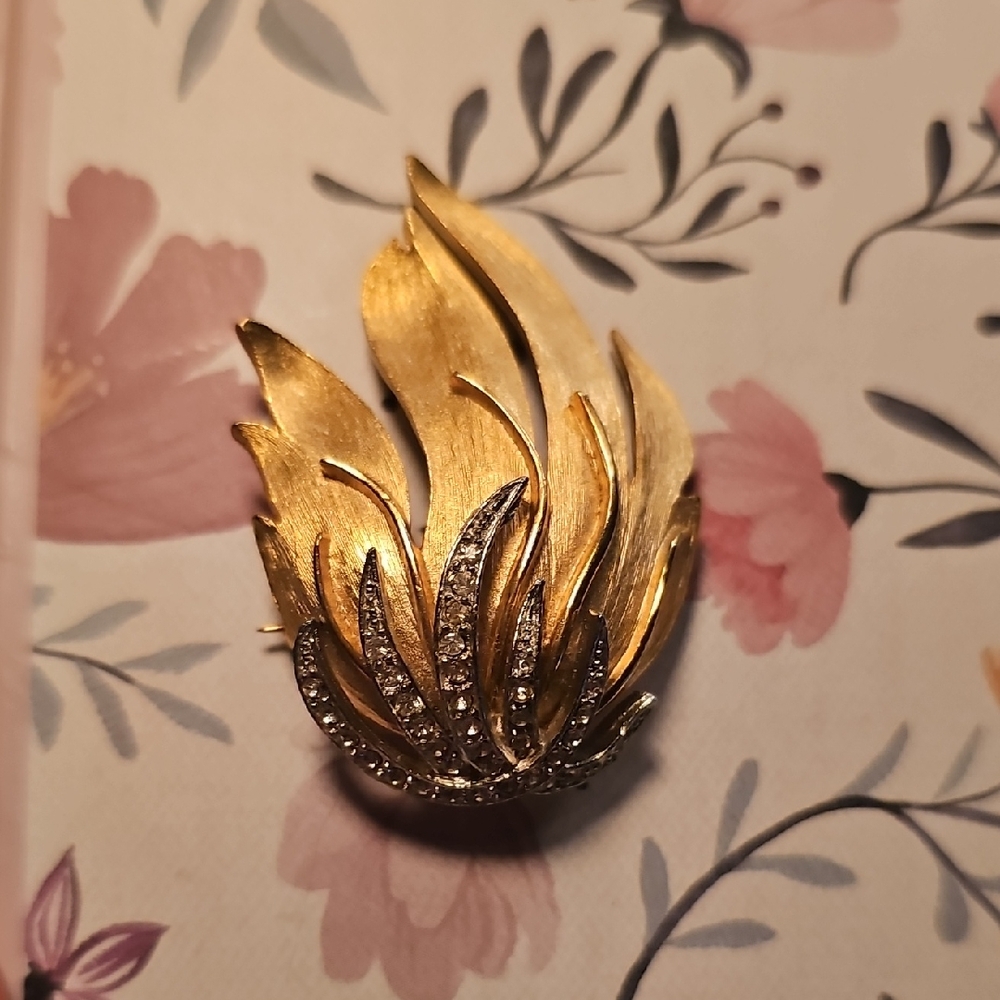 VINTAGE Gold Silver Rhinestones Brooch Pin Floral Leaves Jewelry Woman